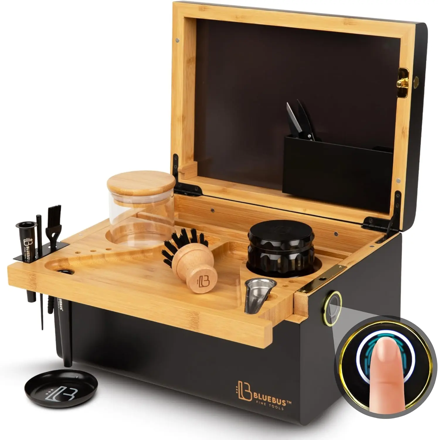 

Discovery 2.0 Large Bamboo Box with Fingerprint Lock, Lid, Glass Jars and Tray - Decorative Wooden Storage Box for Keep