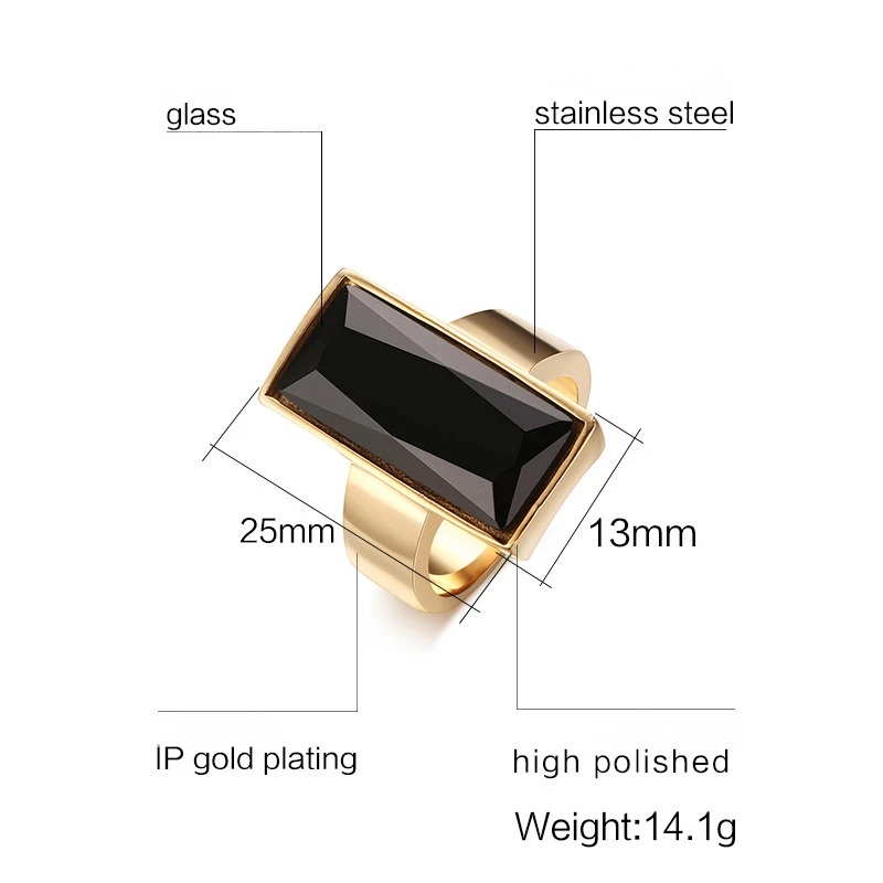 Japan and South Korea Fashion Square Black Glass Crystal Rings For Women Gold Color Stainless Steel Ring