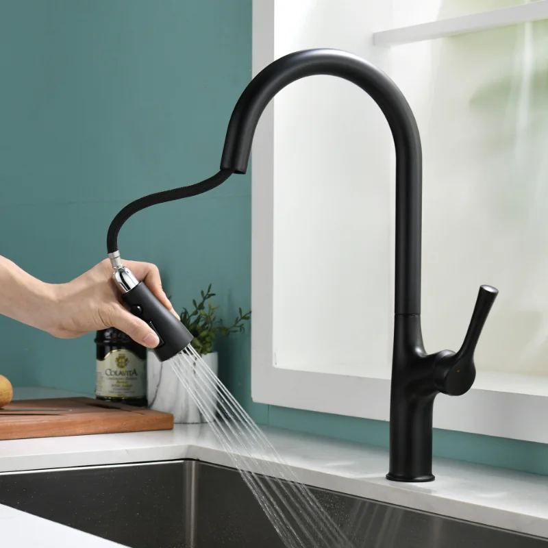 

High Quality Black Kitchen Faucet Cold and Hot Kitchen Mixer Pull Out Two Function Deck Mounted Tap Three-year Free warranty