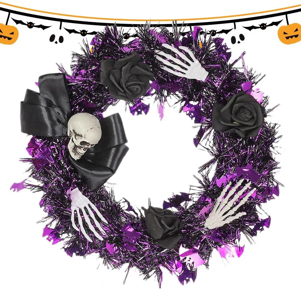 Halloween Artificial Rose Skull Wreath For Front Door Skull Hand Design Door Hanging Wearth Witn Led Light Halloween Decoration