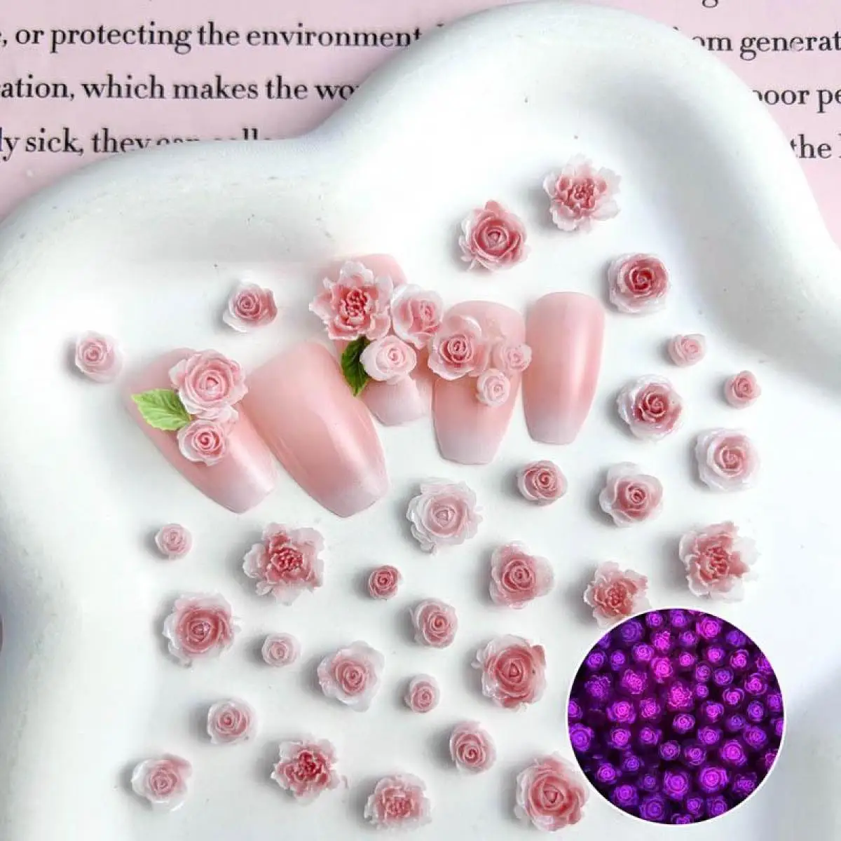 Mieszane żywiczne 3D Luminous Flower Nail Charms Bulk Sweet Light Pink Multi Style Rose Nail Art Decoration Cream Glue DIY Akcesoria