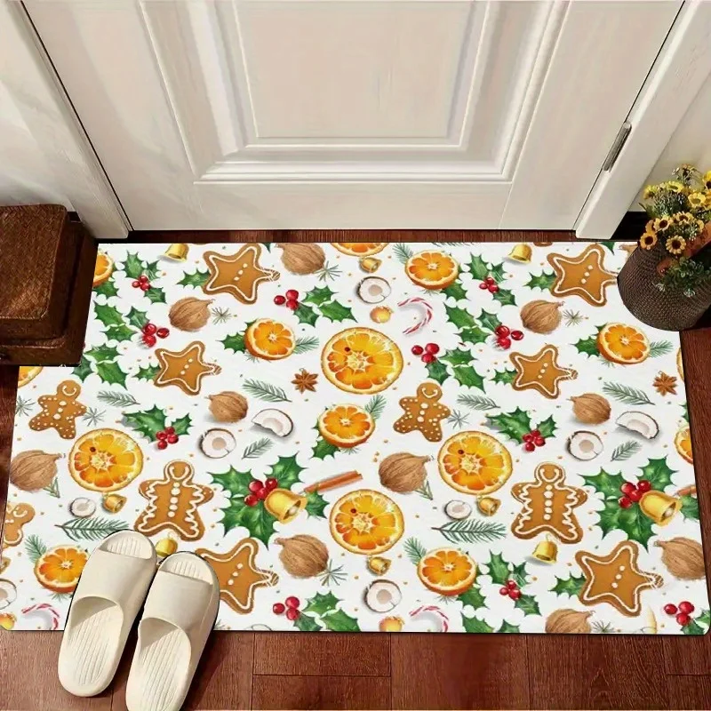 

1 шт. праздничный рождественский дверной коврик — толстый, полиэстеровый, нескользящий напольный коврик с праздничным пряником, печеньем и орнаментом