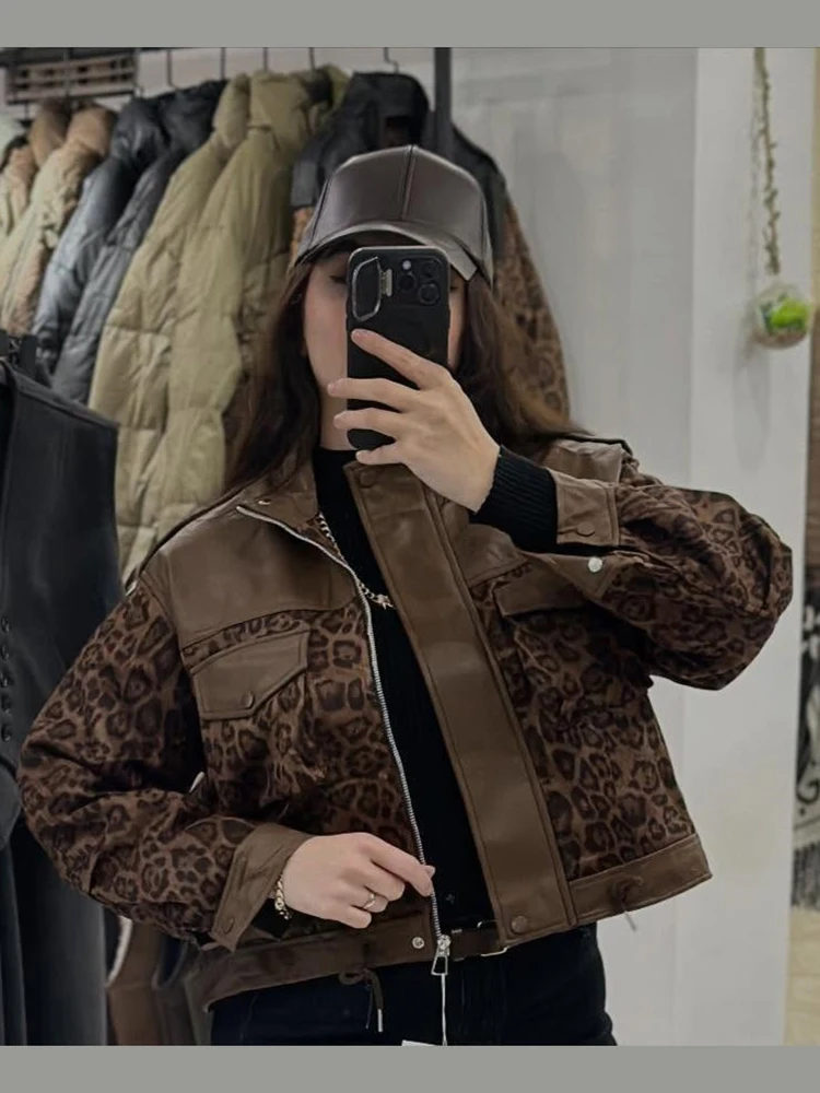 Schicke Jacken mit Leopardenmuster und Kunstfell-Einsätzen für Damen, Reverskragen, Reißverschluss, lange Ärmel, elastische Taille, Herbst-Alltags-Streetwear 2026 – Detail 3