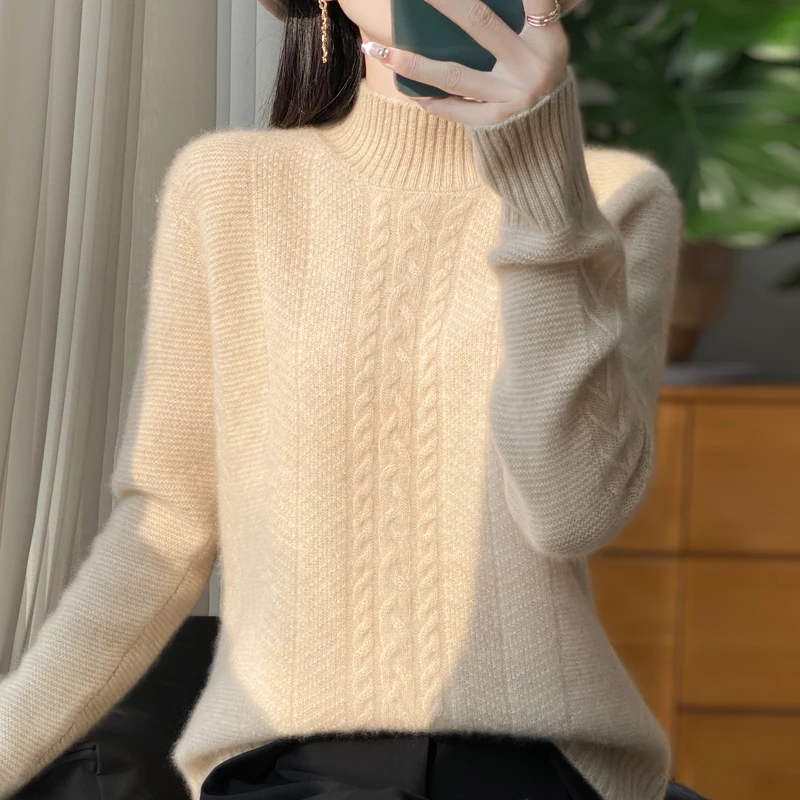 2024 New Semi High Neck Women. 100% Pure Australian Wool Sweater Autumn  Winter Thick Sweater Loose And Slimming Base Wool Shirt