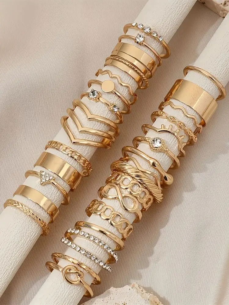 30 Stück/Set elegante stapelbare Ringe mit glänzenden Strasssteinen eingelegt, modisches Unendlichkeitsknoten-Design, Urlaubsstil, perfekt und stilvoll – Detail 2