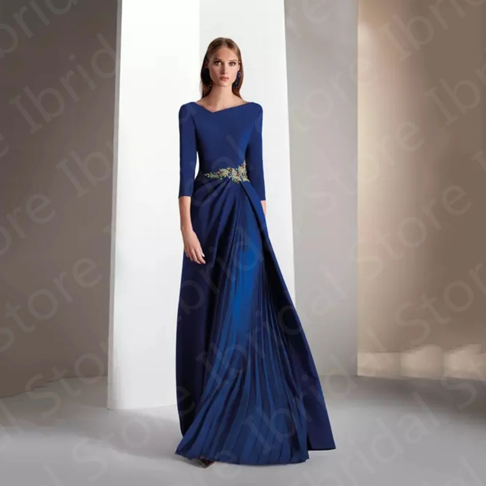 

Graceful Royal Blue Beach Mother Dresses 3/4 Sleeves Wedding Party Gowns V Neck of the Bride Back Out Appliqued