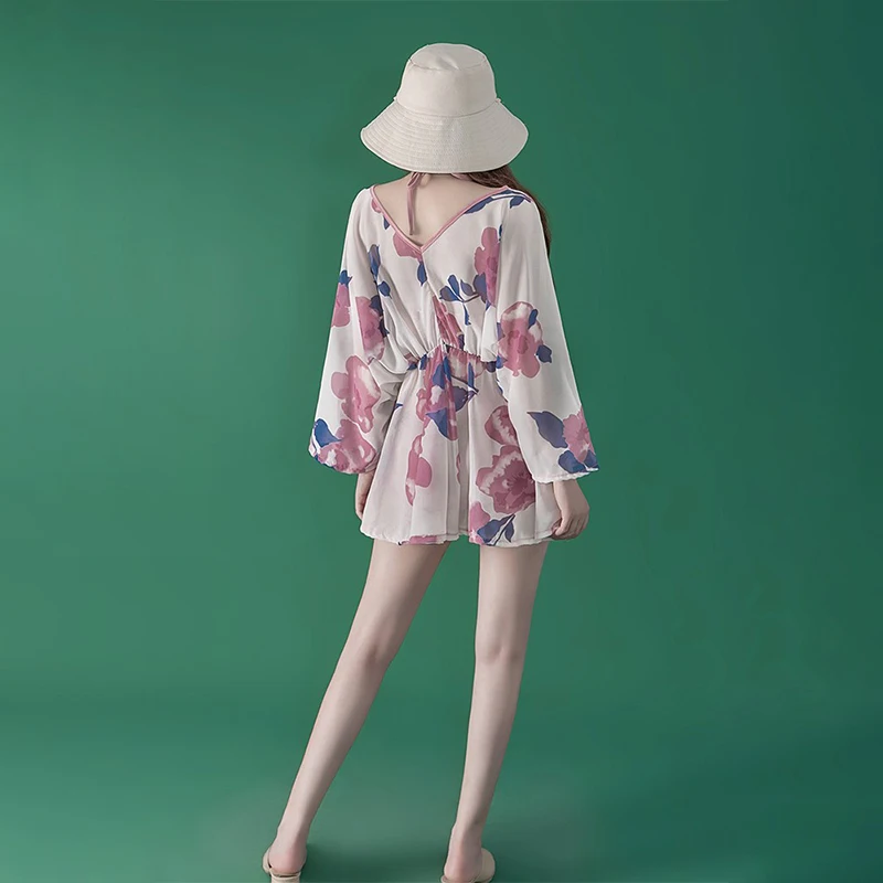 Nuevo traje de baño de tres piezas para piscina conservadora recomendado, pantalones cortos de seguridad con cordones y manga larga con estampado dulce para mujer, traje de baño para parque acuático