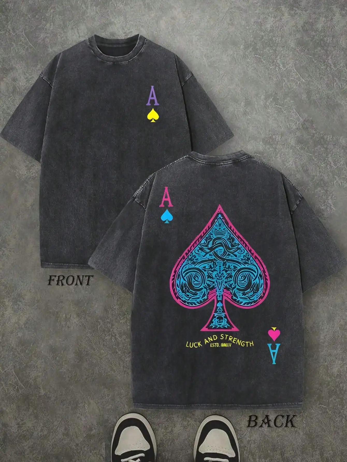 Custom Top Men's Oversized Ace Of Spades T-Shirt - Vintage Washed Spade Print, Suitable For Luck & Strength Symbol, Loose