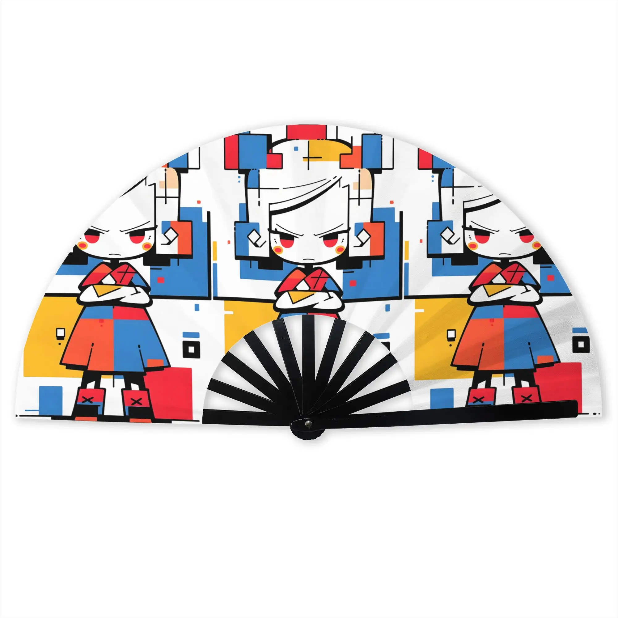 Custom Mondrian Girl Portable Pocket Fan Outdoor Plaid Abstract Art Polyester Folding Fan Chinese Dance Handheld Cooling Fans