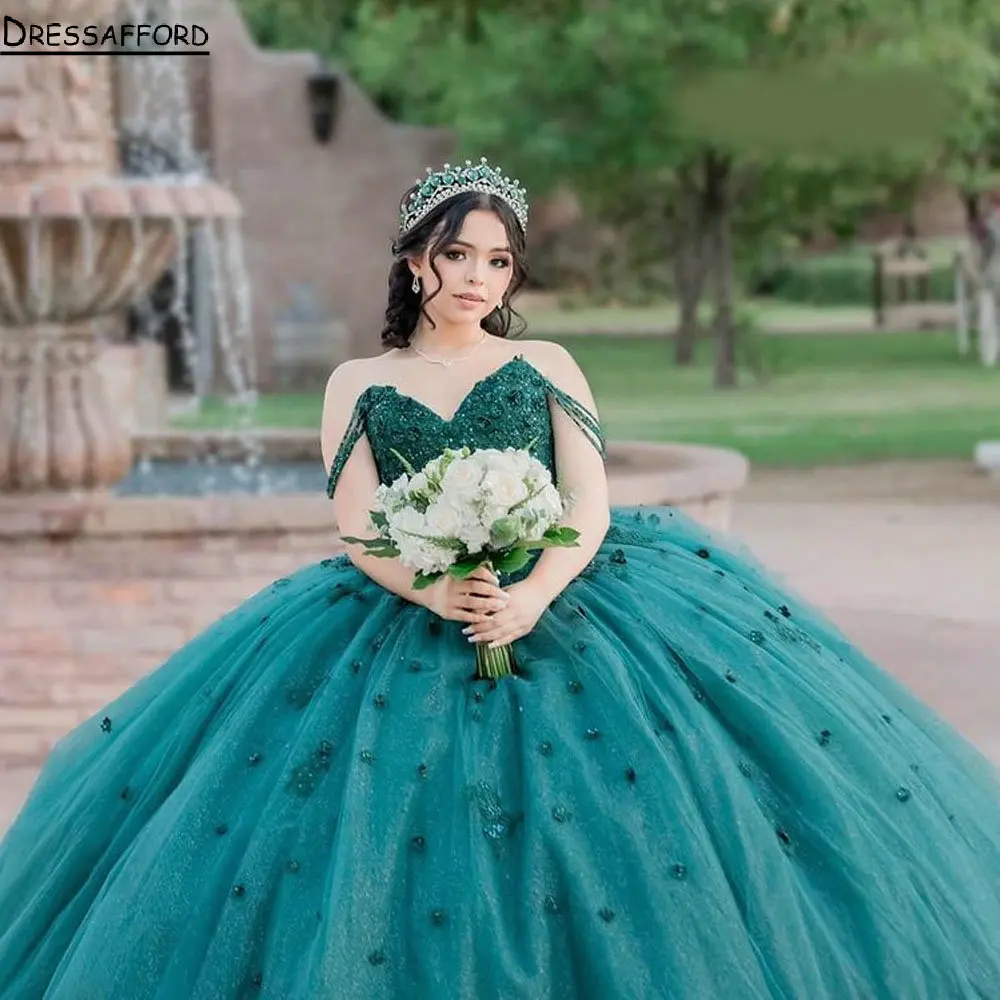 Emerald Green Off The Shoulder Beading Quinceanera Dress Ball Gown 3D Flower Appliques Lace Sweet 15 Vestidos De XV Años