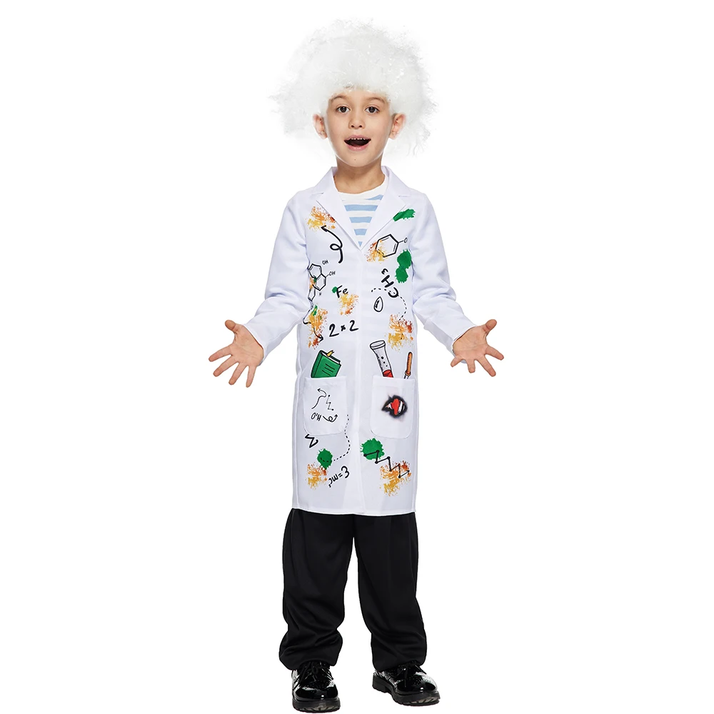 Family Halloween Costume Mad Scientist Costume With Wig White Unisex Lab Uniform Carnival Party Purim Stage Performance Props