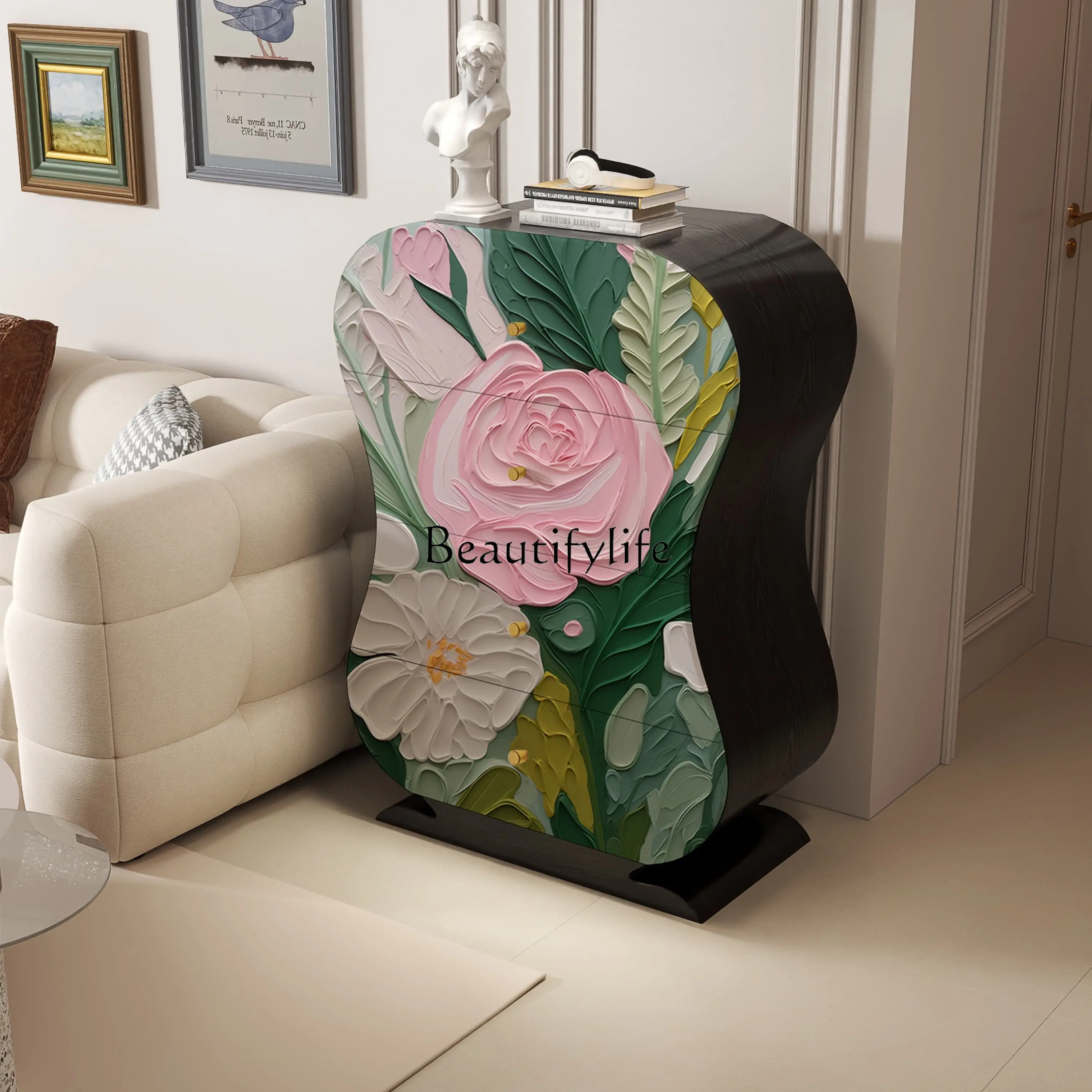 

Chinese-style pattern household painted solid wood porch cabinet, living room integrated storage cabinet against the wall
