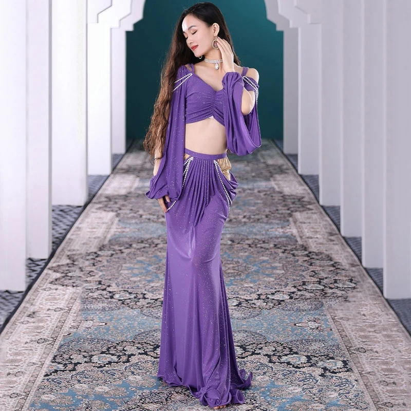 Vrouwen Sexy Tweedelige Buikdans Kostuum Set Elegante Uitgesneden Lange Mouwen Hol Hemdje Met Hoogbouw Slanke lange Rokken