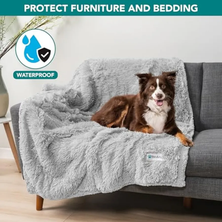 Waterproof Dog Blanket for Couch, Bed and Furniture, Reversible Sherpa and Faux Fur Pet Blanket, Leakproof Pet Blanket for Larg
