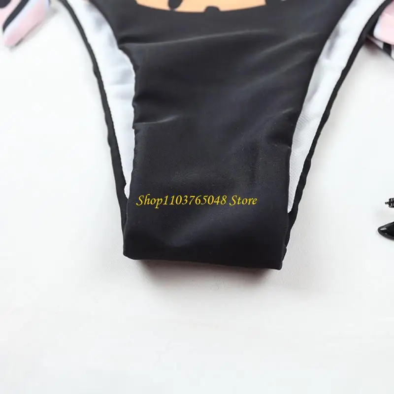 R53E Women Sexy 2pcs Long Sleeve Sunscreen Crop Top Swimsuit Leopard Polka Dot Print Side Tie Thong Bathing Suit