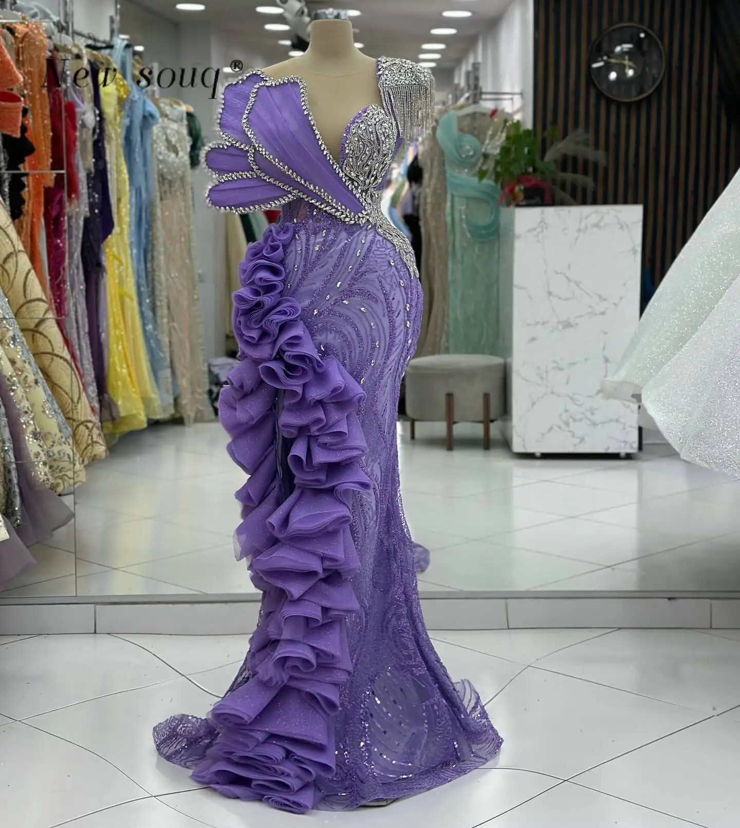 Dubai Purple Ruffles Mermaid Vestidos de noite, Cristais longos brilhantes formais, Vestidos elegantes de casamento com jantar