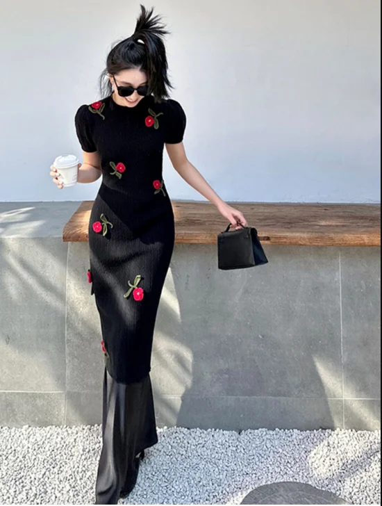 المدرج امرأة جديدة محبوك فساتين طويلة النساء الزهور التطريز فساتين متماسكة أنيقة سوداء فيستدوس البلوزات فساتين الحفلات NZ69