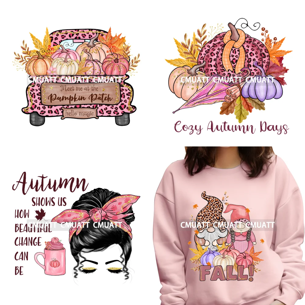 

Cozy Autumn Day Pink Hello Fall Pumpkins Truck Leopard Gnomes Iron on DTF Washable Transfers Stickers Ready to Press for Clothes