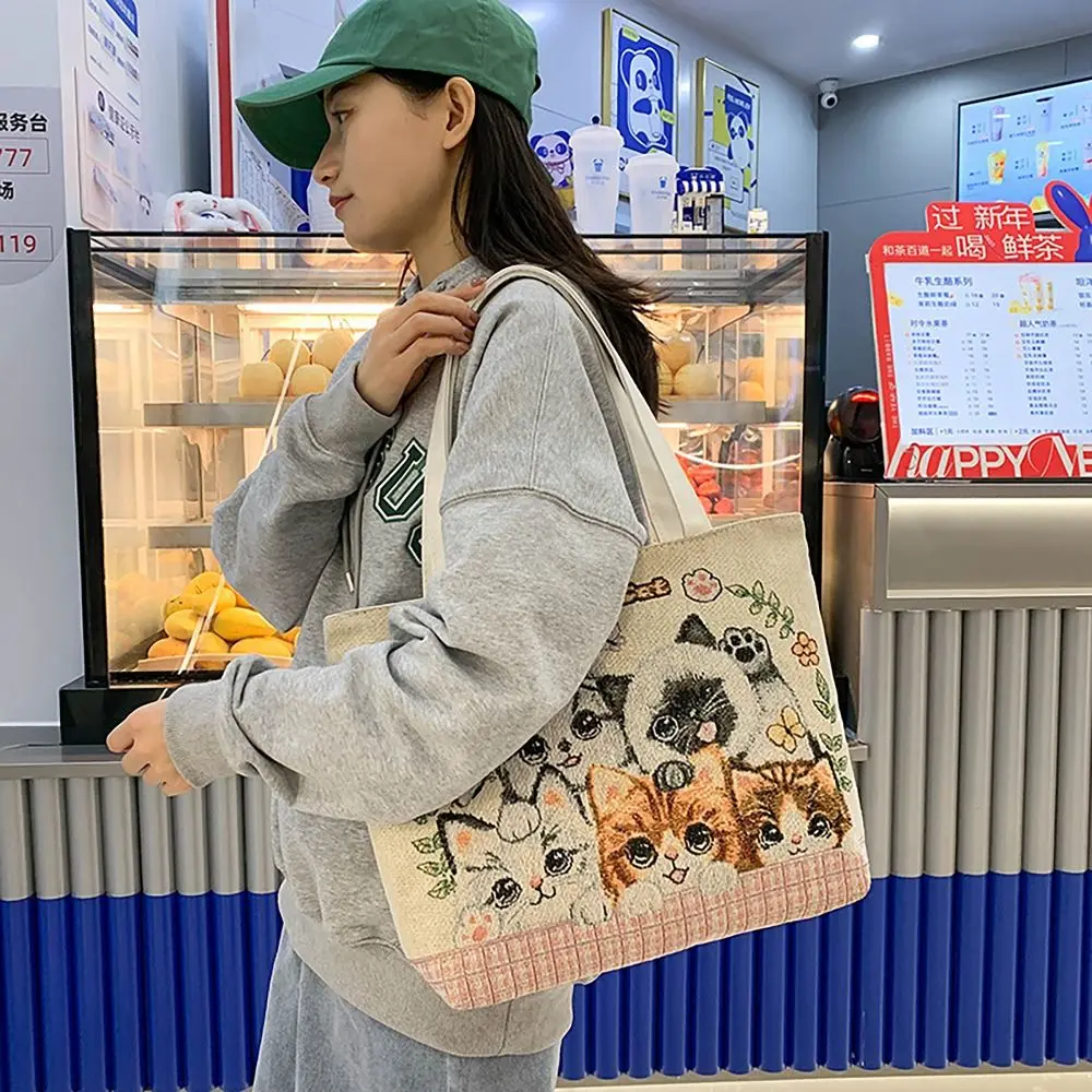 

2024 Cat Dog Bucket Handbags Vintage Embroidery Canvas Tote Bag Large Capacity Shoulder Bag Commuting