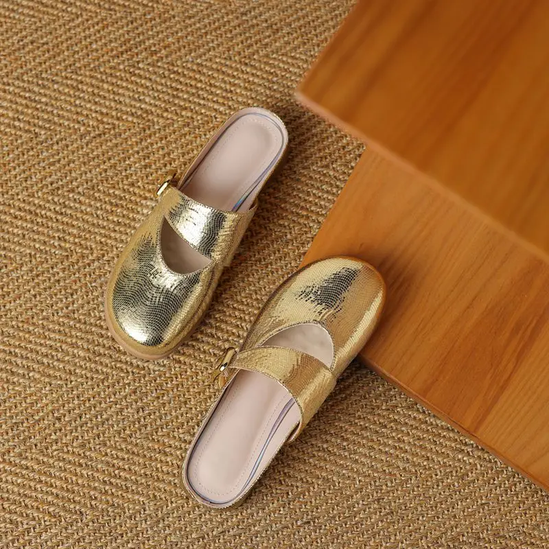 

SIMLOVEYO 2025 Женские сандалии для отдыха на низком каблуке без шнуровки Мюли с пряжкой на ремне Мягкая повседневная обувь Большой размер 40 41 42 Летняя обувь золотого цвета