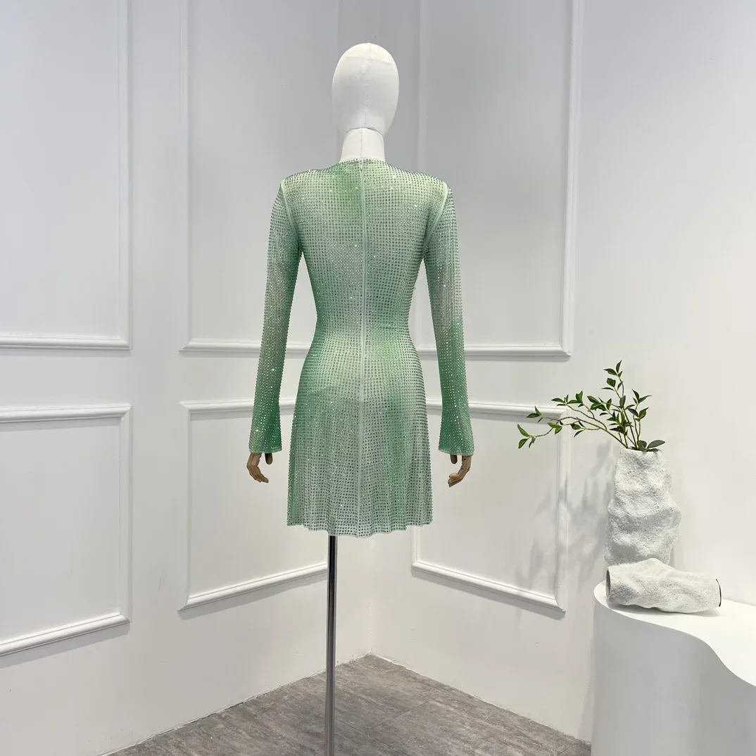 New Arrivals 2023 High Quality Spring Summer Sexy Luxury Light Green Cut Out Waist Long Sleeve  Lace-up Woman Mini Dress