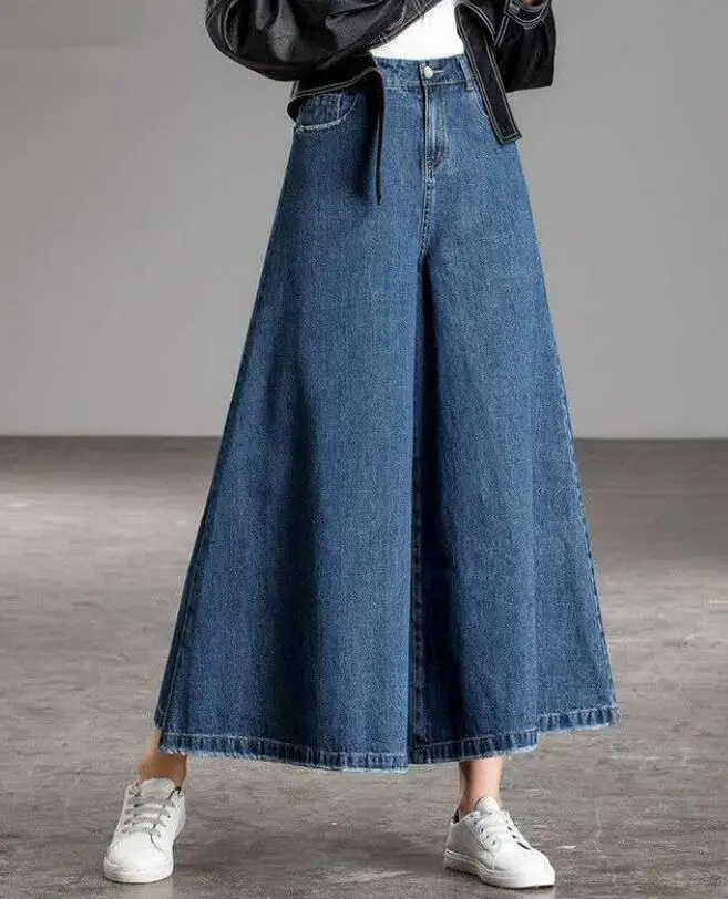 High Waist Wide Leg Pants Women's Big Hem Boot Cut Jeans Washed  Loose Straight Trousers Denim Culottes