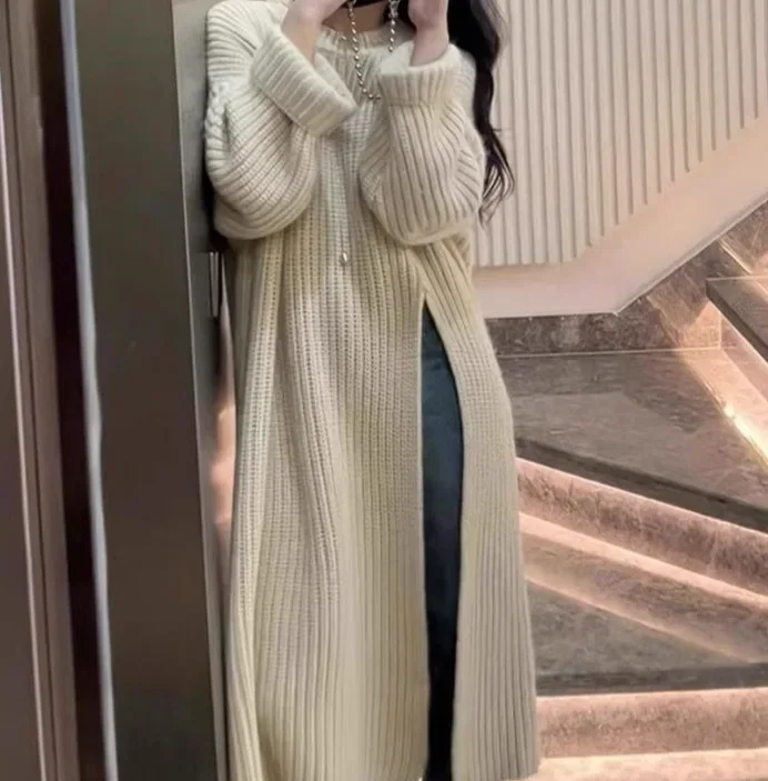 الكورية كسول نمط محبوك فستان المرأة أوائل الخريف جديد فضفاض فوق الركبة منتصف طول سترة فستان جولة الرقبة كم كامل #2