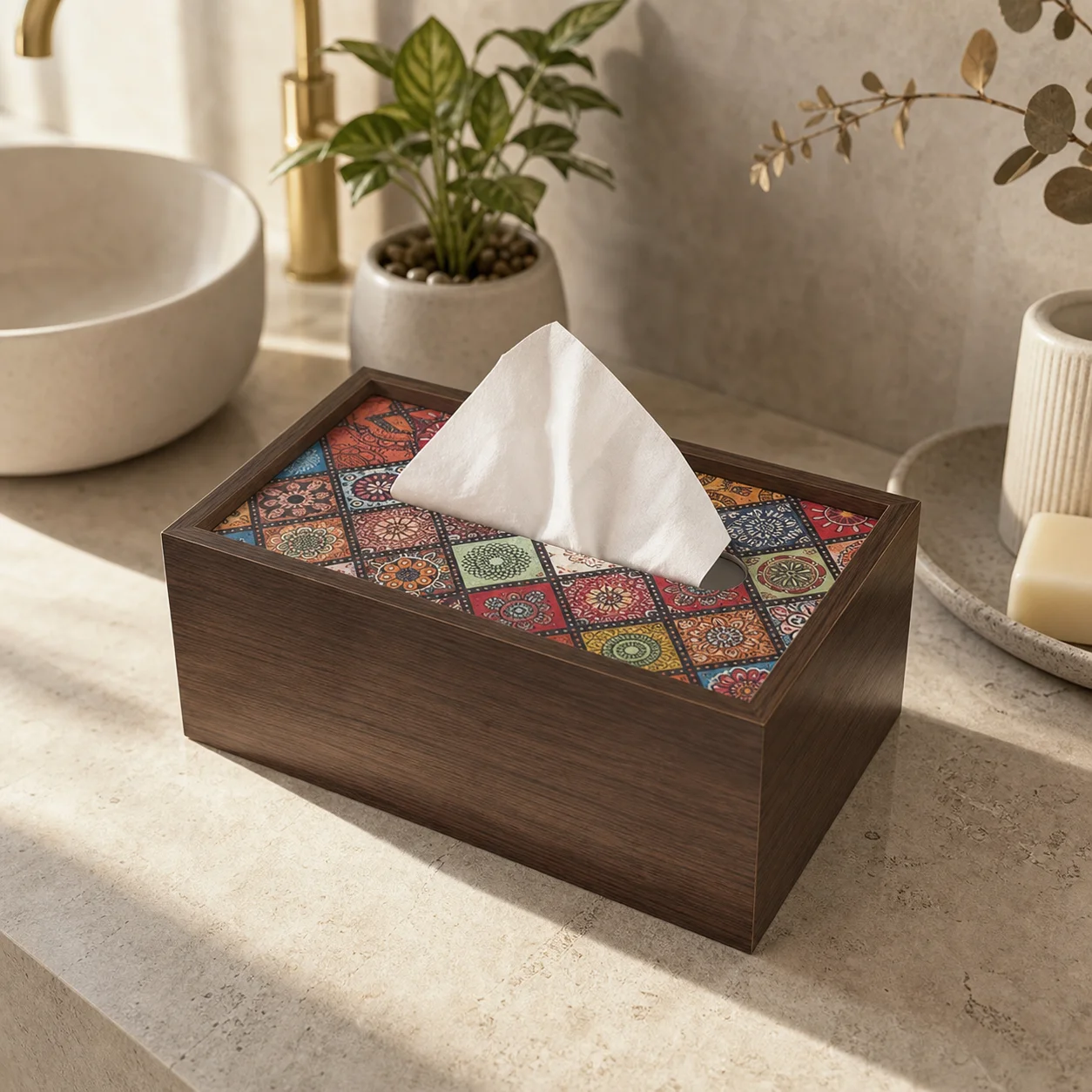 Vintage Wooden Tissue Box Cover Boho Mosaic Pattern Decorative Napkin Holder for Bathroom Living Room Desk Home Decor