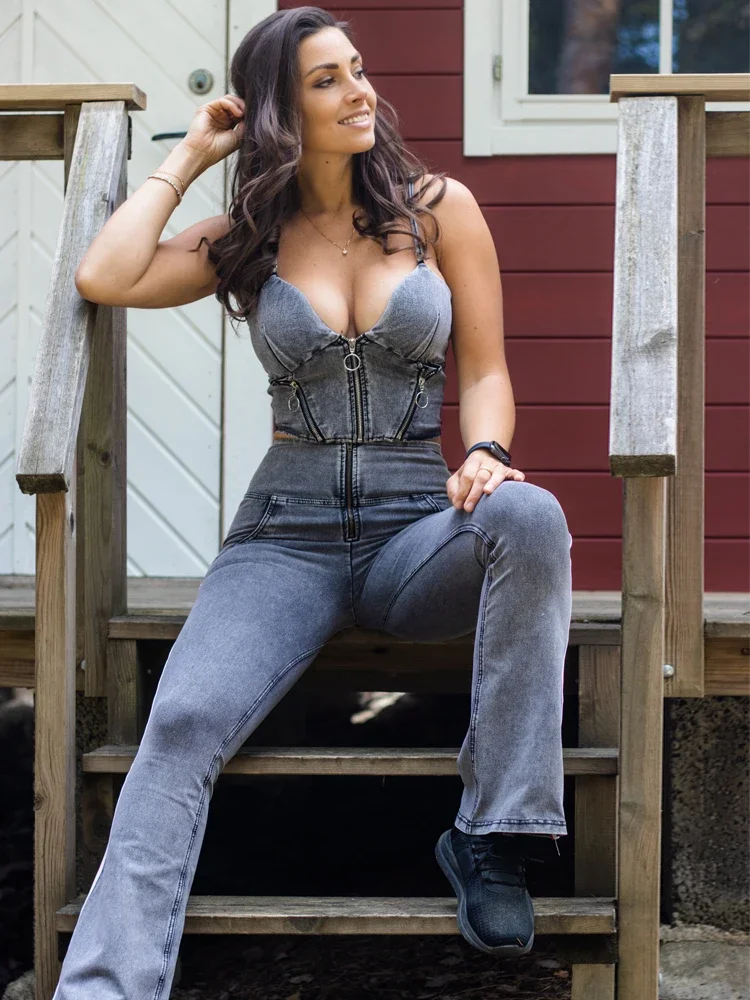 Shascullfites Melody Women's 2-Piece Outfit Set Gray Denim Flare Jeans & Zipper Crop Top Pants Ensemble Casual Chic Women's Suit