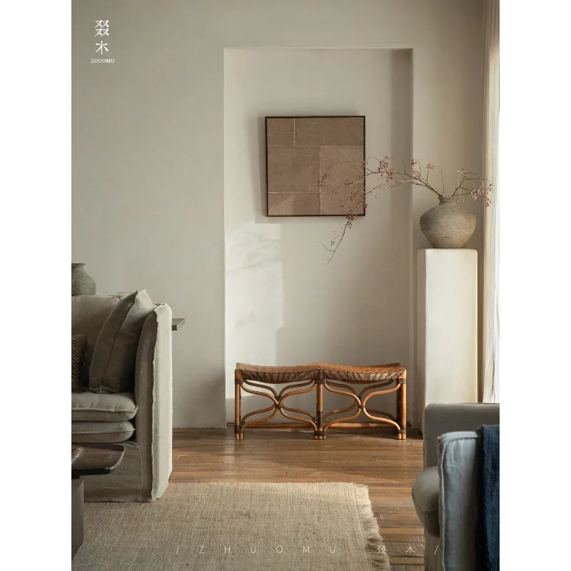 Rattan wave stool, wabi-sabi natural wind hand-woven shoe changing stool