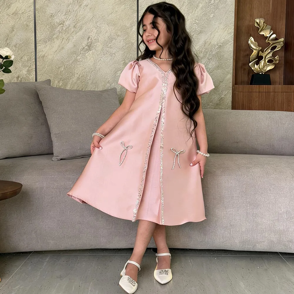 

Pink Flower Girl dresses Satin Dress for girls A-line Birthday Dress Midi Girl Princess Dress Short Sleeves Bow Kids' dresses