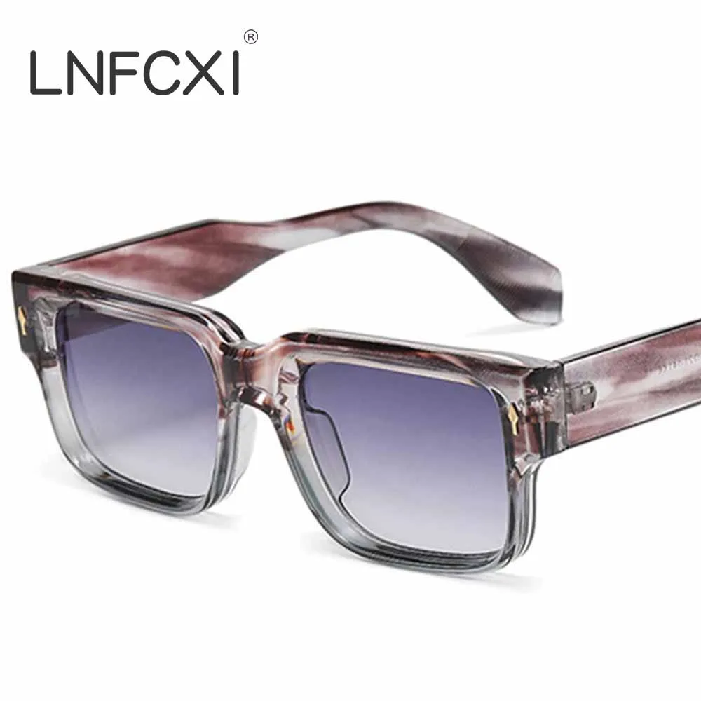 LNFCXI New Retro Square Sunglasses Women Gray Stripes Shades UV400 Fashion Rivets Men Clear Gradient Sun Glasses