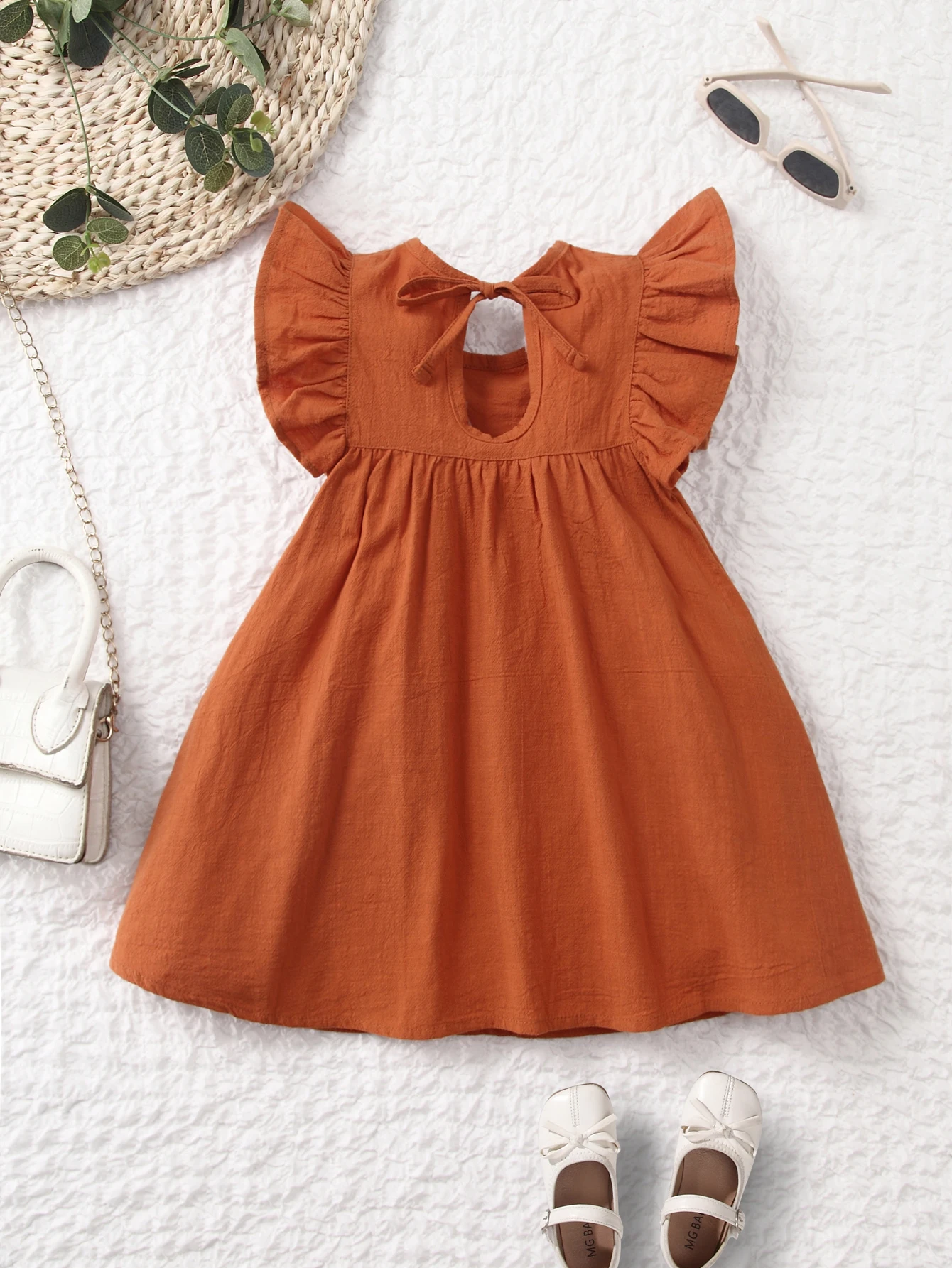 Multicolor Kids Summer Plain Dress Clothes Wear Children Fly Sleeve Lace-up Frocks Toddler Baby Girls Linen Ruffle Dresses