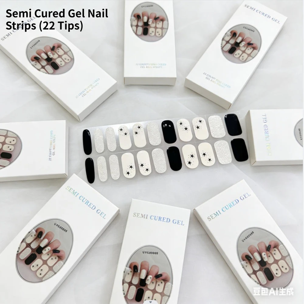 22Tips French Pink Side Semi Cured Gel Nails Wraps Adhesive Waterproof Long Lasting Gel Nail Stickers Harden In UV Lamp Need