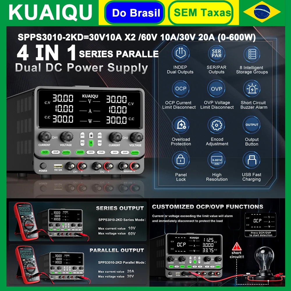 Fonte de Bancada，Fonte de Alimentação Ajustável KUAIQU 4 em 1, Fonte Estabilizada DC de Canal Duplo 30V 10A, Suporta Alimentação Serial (60V10A) e Paralela (30V 20A) ,regulador de tensão,Bench power supply,regulable
