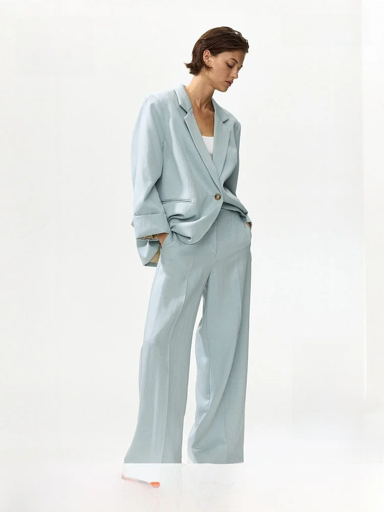 

H&M Women's Fashionable Wide Leg Trousers Summer New High Waist Casual Style Polyester Linen Nylon Blend Fabric Pants