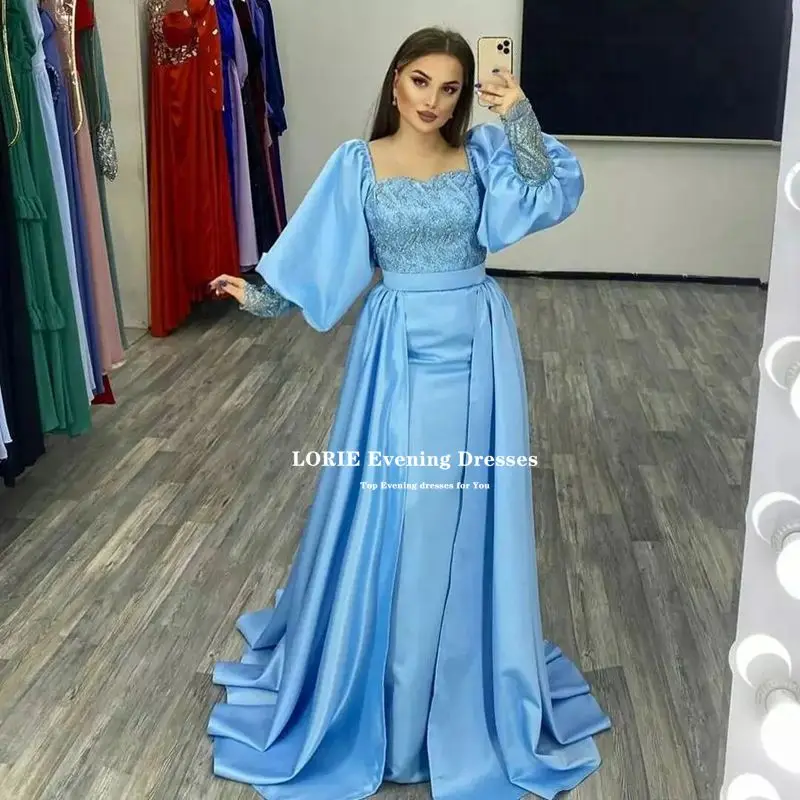 LORIE Elegant Sky Blue Prom Dress Beadings Detachable Tail Evening Dresses Long Mermaid Sweetheart Celebrity Dresses Party Gowns