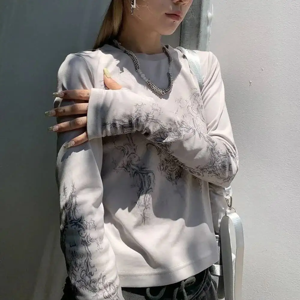 Roupas femininas vintage y2k camisetas 2023 blusas o-pescoço manga longa impressão túnica mulher roupas moda casual colheita topos camisas