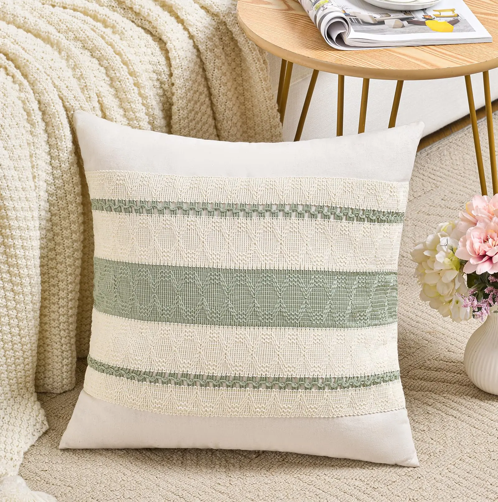 Salbeigrüne Boho Dekorative Kissenbezüge 18x18 Zoll Farmhaus Rustikale Couch-Zierkissen Moderne Sommer Baumwoll-Kissenhüllen