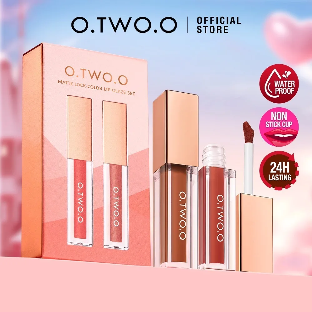 2 Stück/Set wasserdichtes 2-Farben-Lipgloss-Set, antihaftbeschichtet, langlebige Pflege, roter Lipgloss, hinterlässt keine Flecken, mattierter Lipgloss