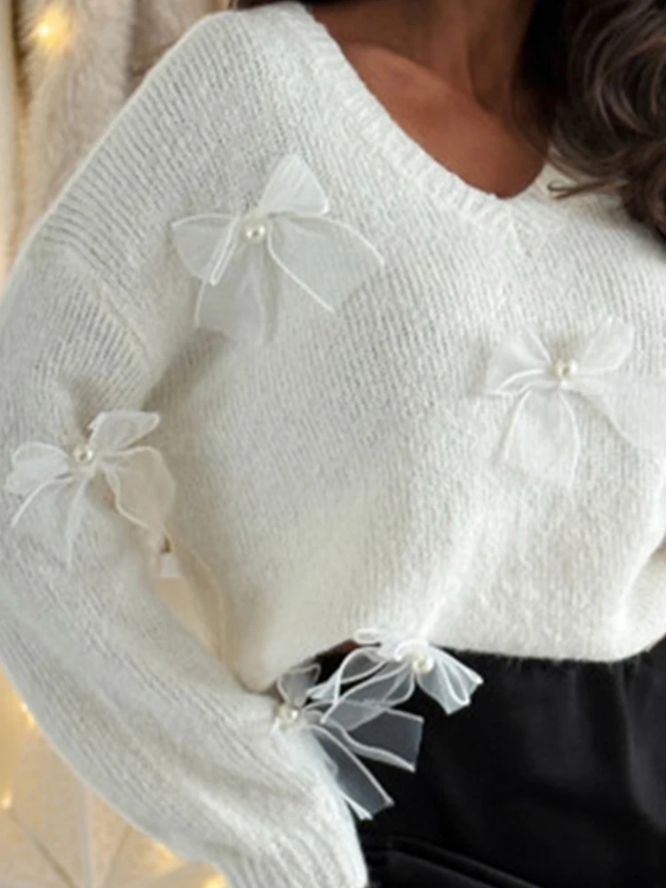 Women Sexy V-neck Long Sleeve Knitted Tops 2025 Casual Long Sleeve Solid Loose Sweaters Elegant Bow Decoration Pullover Jumpers