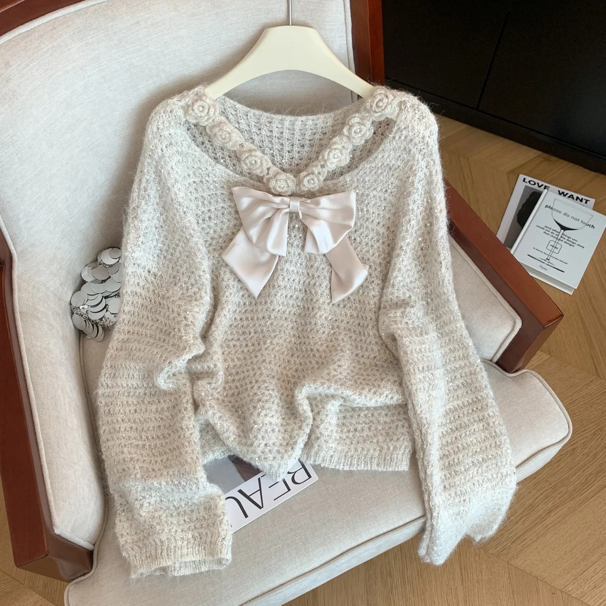 여성용 퍼플 3D 플로럴 점퍼 풀오버 스웨터 빈티지 2000년대 Y2K 감성 니트웨어 긴 소매 브이넥 리본 스웨터 가을 2025