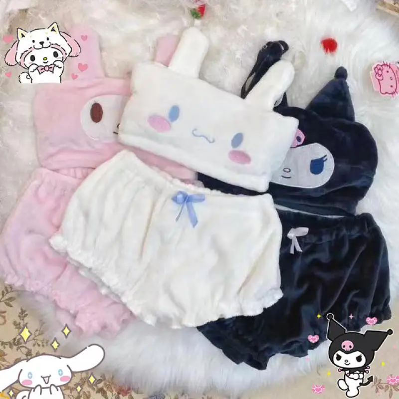 Japanese Sanrioed My Melody Cinnamoroll Women's Pajamas Sexy Fluffy Suspender Homewear Cartoon Girls Kuromi Sleepwear Soft Gift