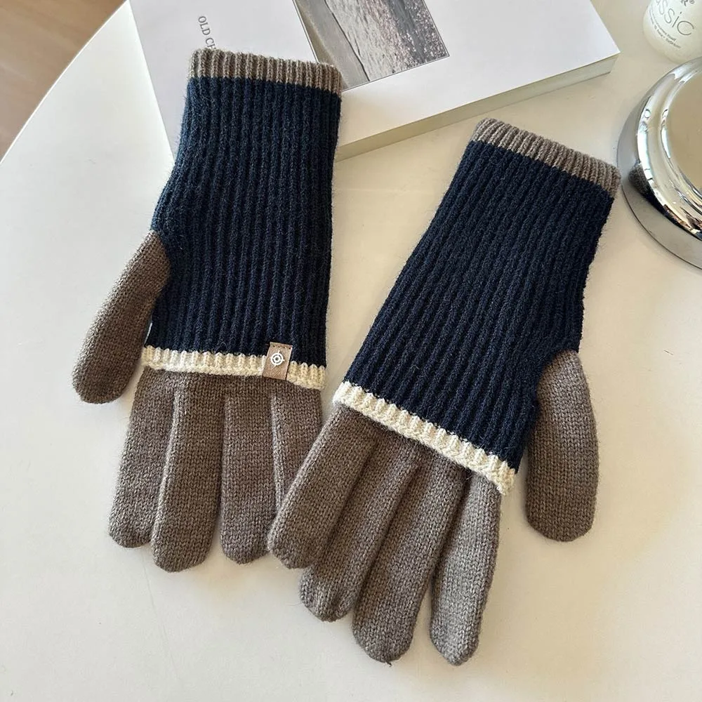 Новые вязаные перчатки с пятью пальцами и длинными рукавами, сохраняющие тепло, перчатки для пальцев, контрастные цвета, утепленные перчатки для экрана, сенсорные перчатки, осень-зима