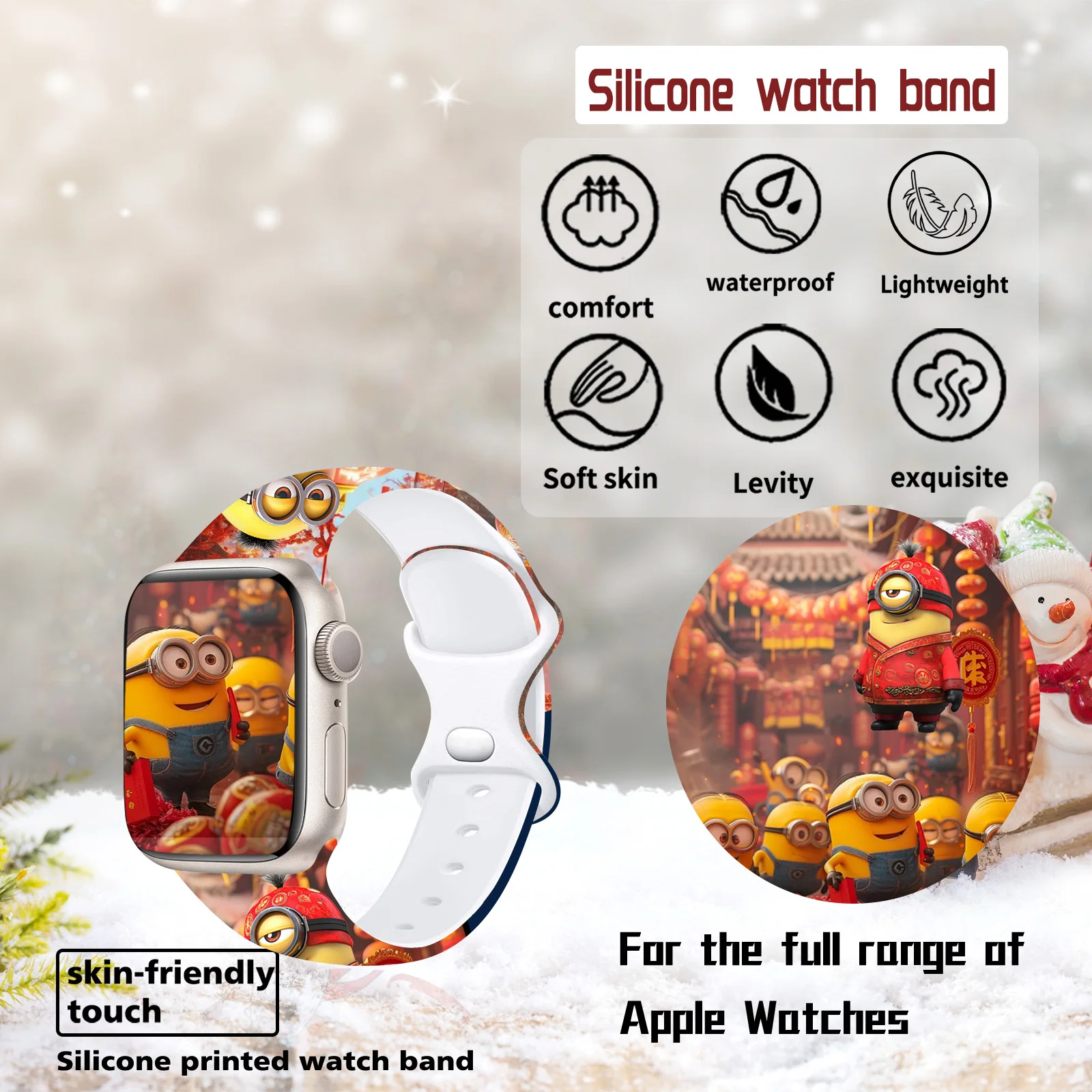 Ремешок MINISO Minions Series 2 с принтом для Apple Watch 11, 10, 9, 8, 7, силиконовый ремешок, сменный браслет для iWatch 46 мм, 44 мм, 42 мм