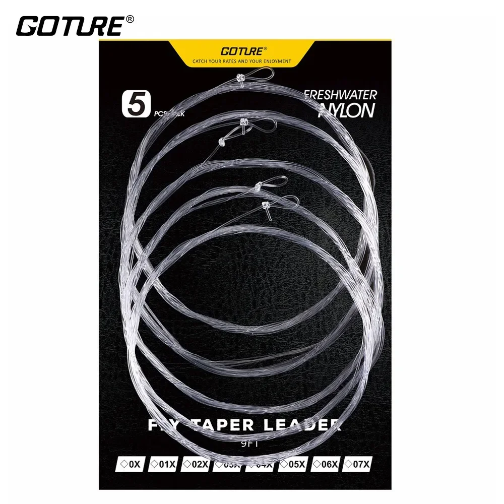 Goture-sedal de pesca con mosca cónico, 5 uds., 9 pies/2,74 M, 0X/1X/2X/3X/4X/5X/6X/7X, líder de línea de mosca con bucle, línea de nailon