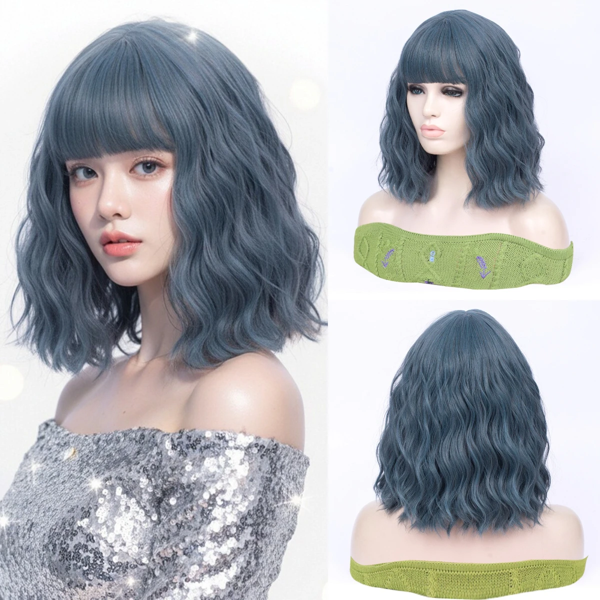 

Haze Blue Synthetic Short Curly Wavy Bob Wig With Bangs For Women Cosplay Party Halloween Heat Resistant