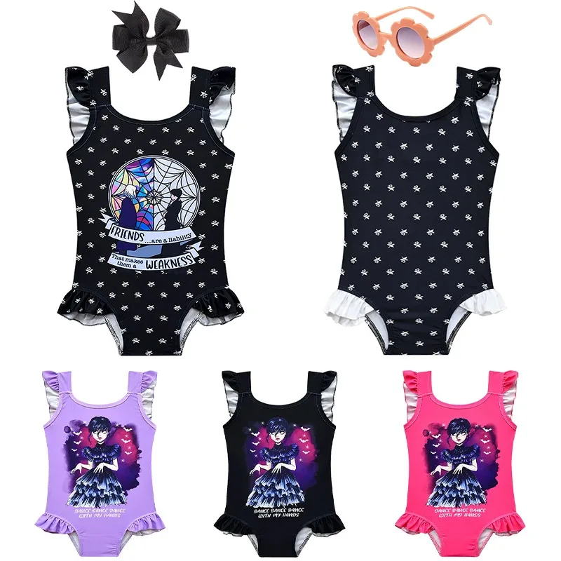 

One-piece Summer Fancy Girls Swimsuit Popular Movie Addams Print 2-12Years Swimsuits Children's Swimwear Kids Swimming Bathing