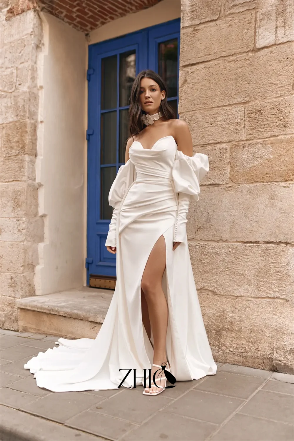 ZHIO Royal Satin Puff Sleeves Mermaid Wedding Dress Sweetheart Neck High Slit Train Evening Gown Vestidos De Novia Customized