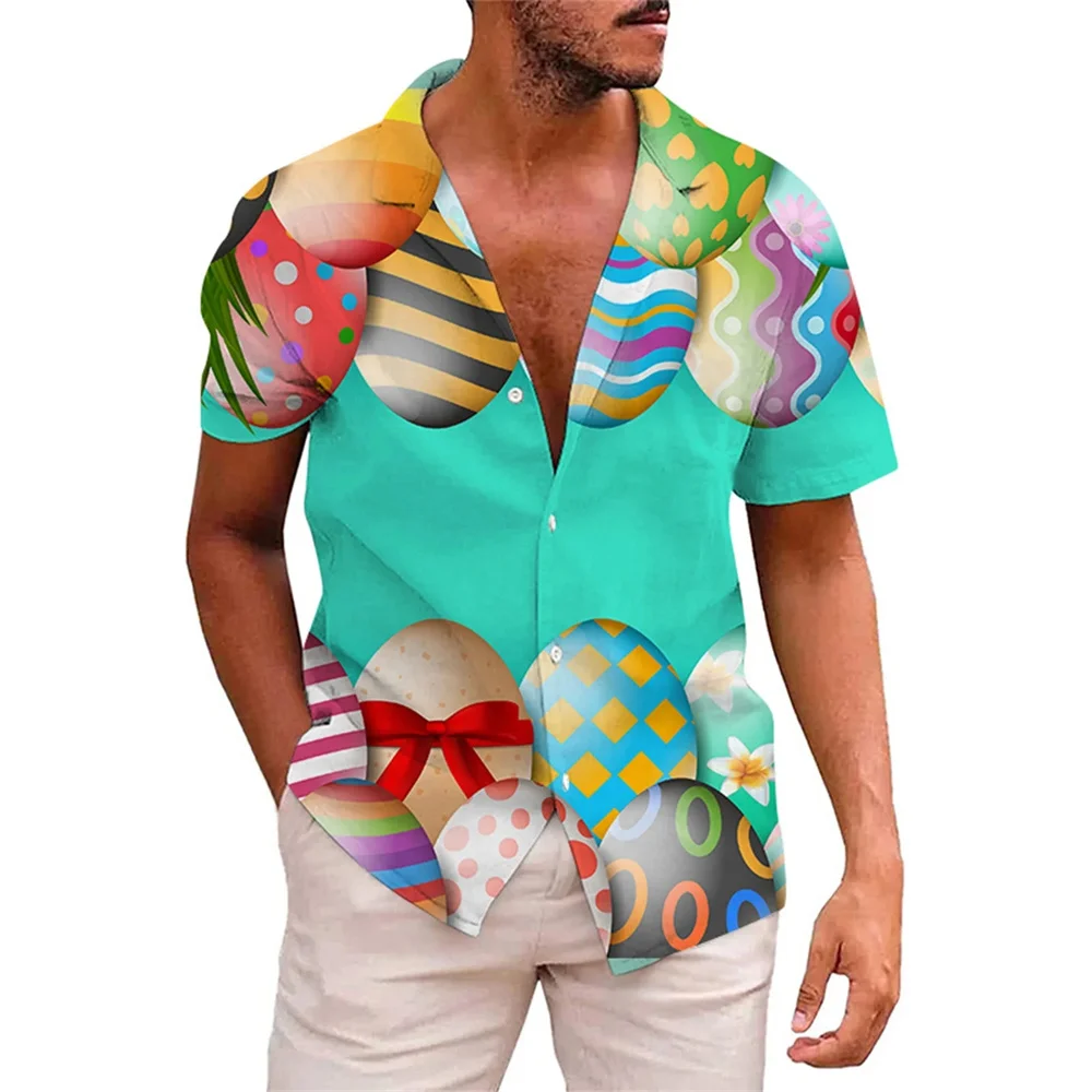 2024 Happy Easter Day Cartoon Mens Rabbit Eggs Hawaiian Shirts 3D Printed Beach Shirt Women Clothes Kids Kawaii Shirt Button Top